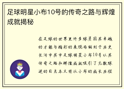 足球明星小布10号的传奇之路与辉煌成就揭秘