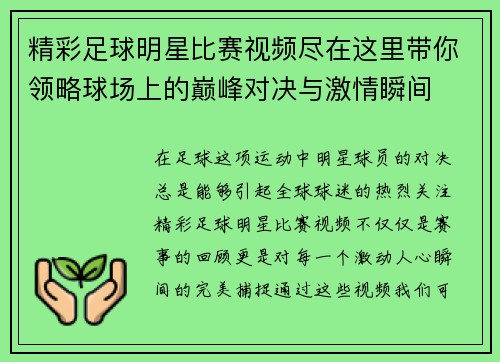 精彩足球明星比赛视频尽在这里带你领略球场上的巅峰对决与激情瞬间
